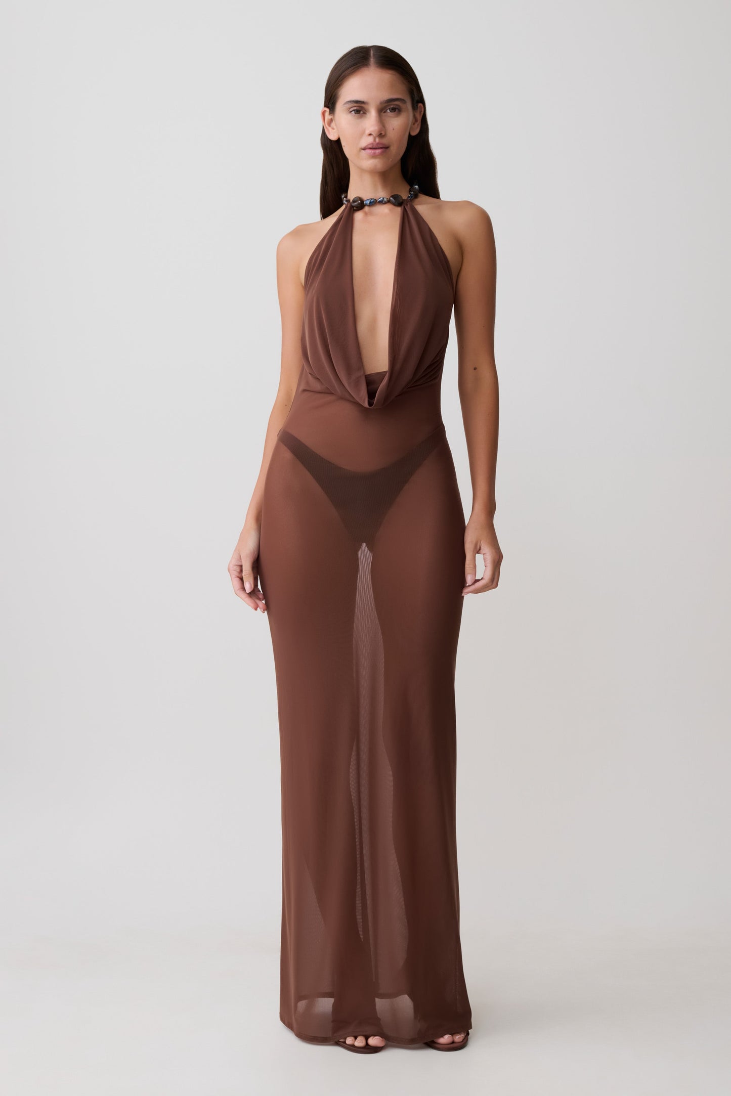 Ethal Mesh Cowl Neck Beaded Maxi Dress - Chocolate