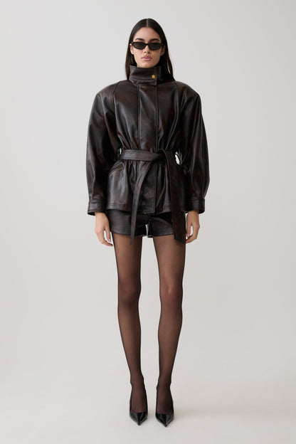 Adaline Faux Leather High Waisted Shorts - Dark Chocolate