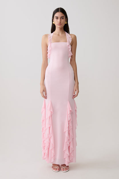 Etta Ruffle Slinky Maxi Dress - Pale Pink