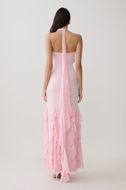 Etta Ruffle Slinky Maxi Dress - Pale Pink