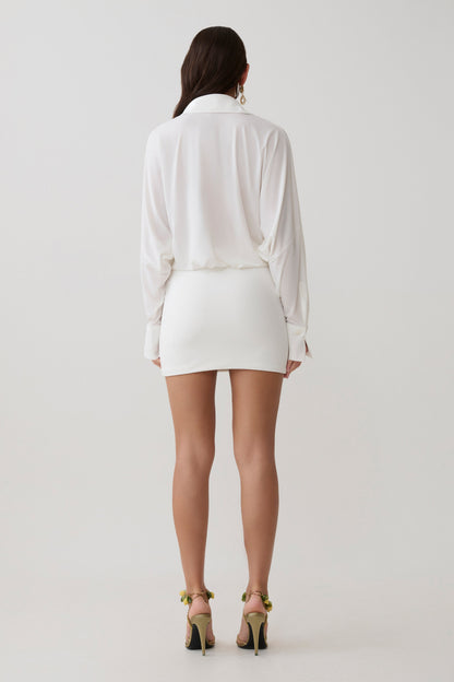 Soleia Cowl Drape Shirt Dress - White