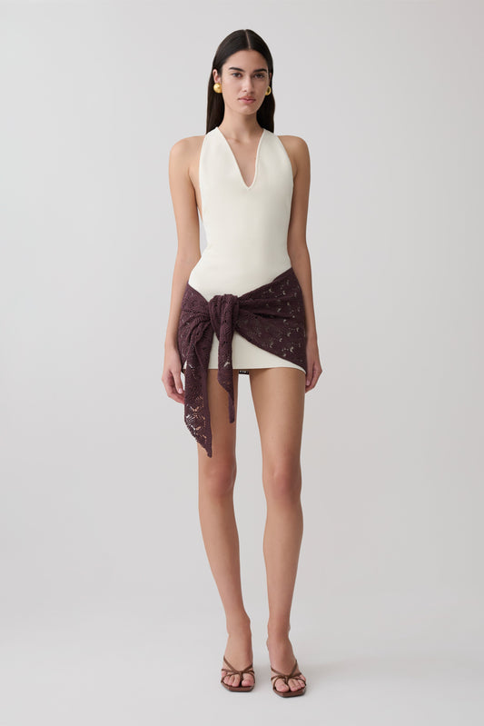 Mollie Mini Dress With Crochet Overlay - White/Chocolate
