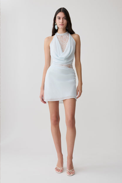 Arra Chiffon And Lace Halter Mini Dress - Ice Blue