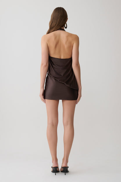 Arabel Draped Halter Mini Dress - Chocolate