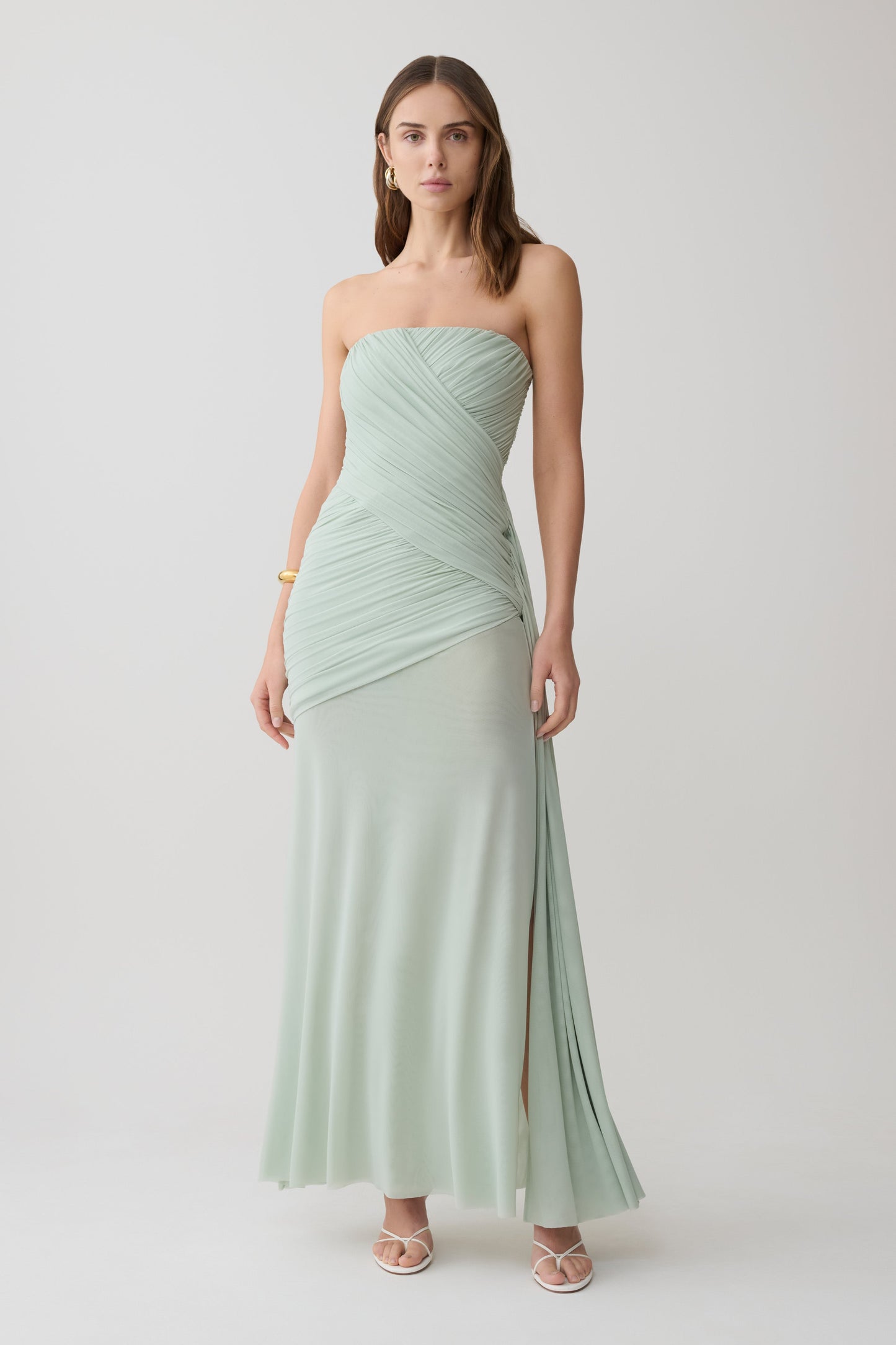 Monet Strapless Ruched Mesh Maxi Dress - Aqua Grey