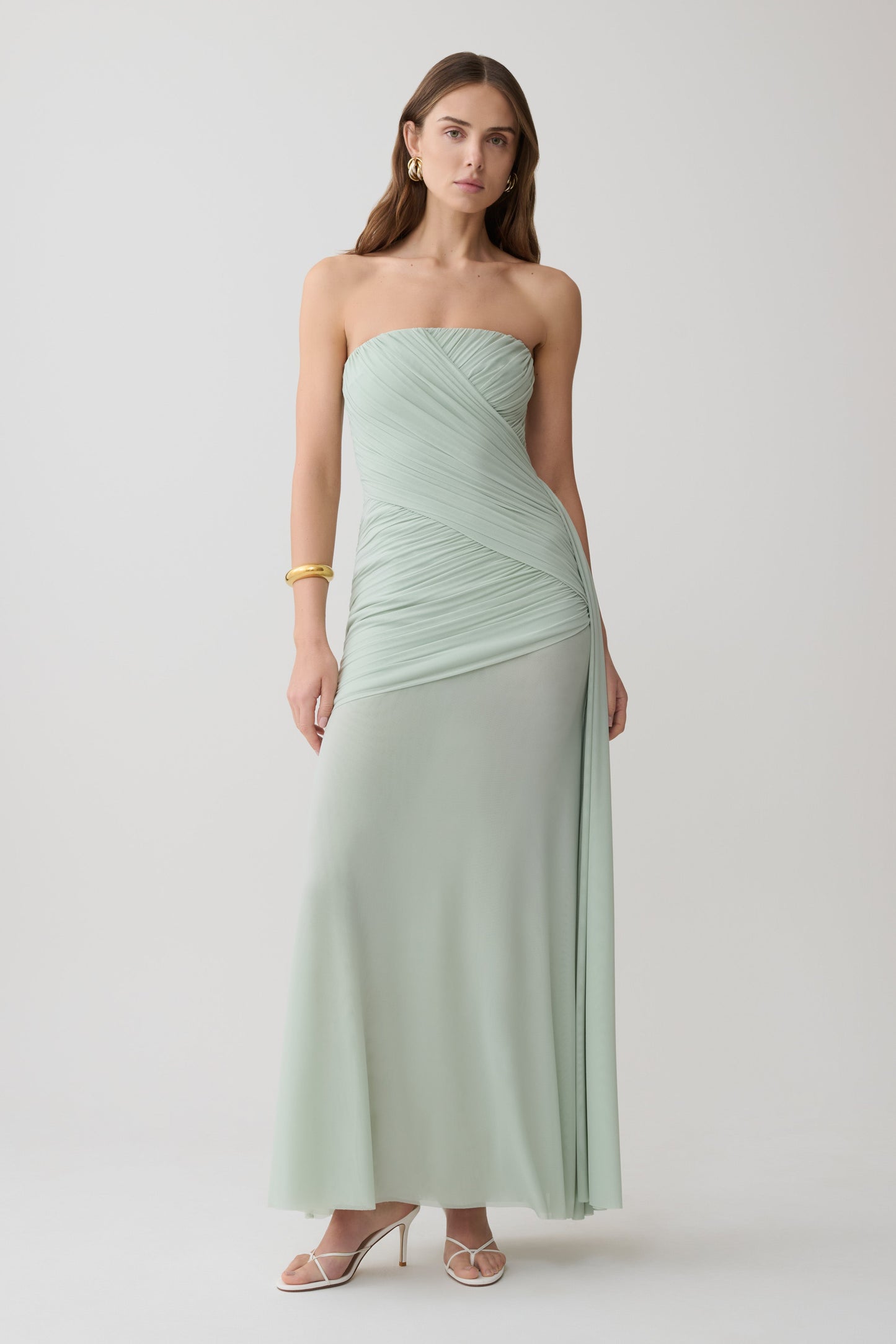 Monet Strapless Ruched Mesh Maxi Dress - Aqua Grey