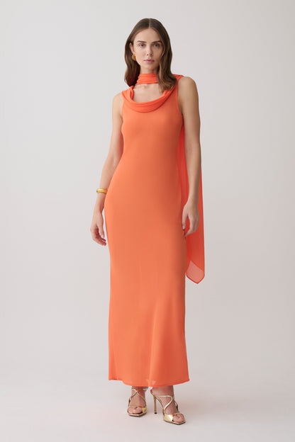Dakota Chiffon Maxi Dress With Scarf - Orange