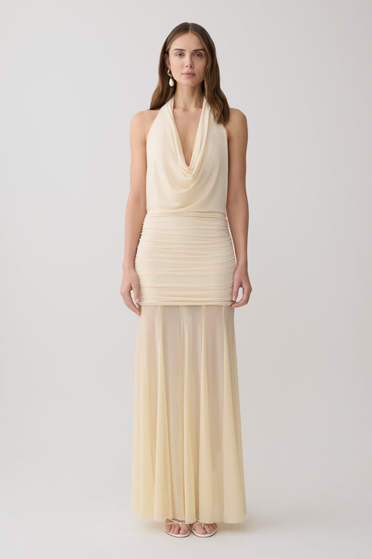 Jorja Draped Halter Slinky Maxi Dress - Ivory