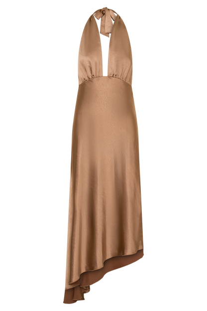 Adelie Asymmetric Hem Halter Midi Dress - Cognac