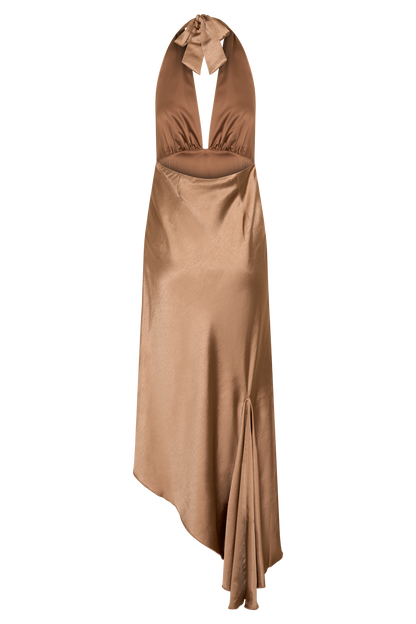 Adelie Asymmetric Hem Halter Midi Dress - Cognac