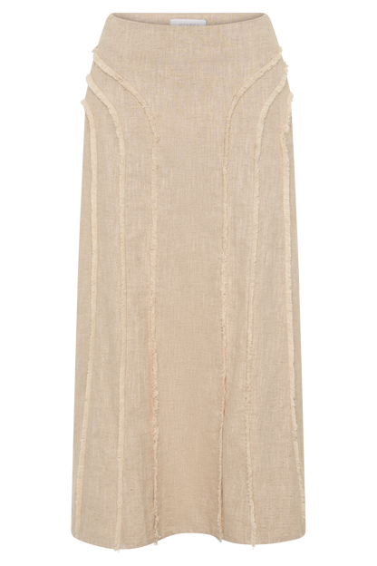 Annie Linen Frayed Midi Skirt - Natural