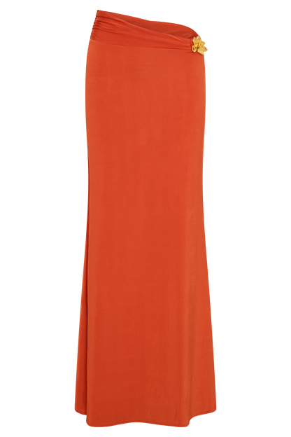 Ainsley Asymmetrical Maxi Skirt With Floral Hardware - Burnt Orange