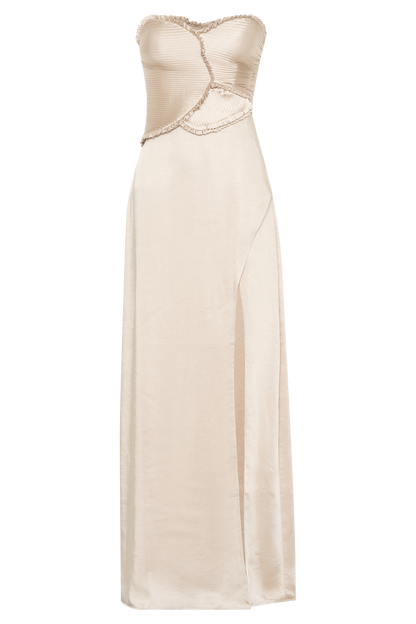 Larissa Satin Maxi Dress With Ruched Petals - Blush Gold