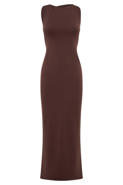 Catelyn Asymmetrical Scuba Jersey Midi Dress - Cacao Brown