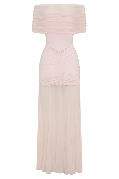 Caspian Slinky And Mesh Off Shoulder Maxi Dress - Pale Pink