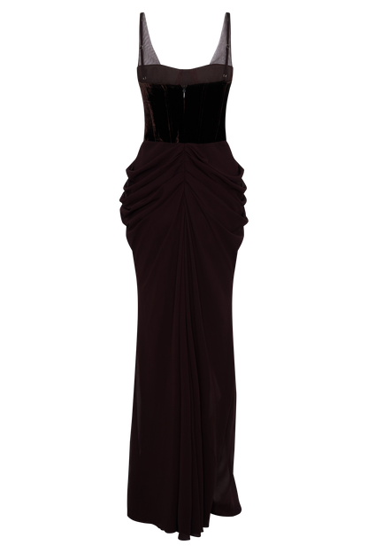 Roxanne Velvet Corset Maxi Dress - Cacao Brown