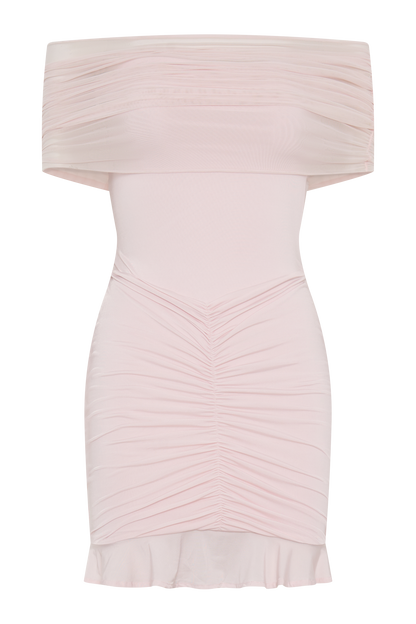 Caspian Slinky And Mesh Off Shoulder Mini Dress - Pale Pink