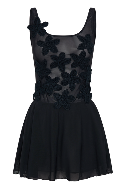 Melanie Mesh Mini Dress With Flowers - Black