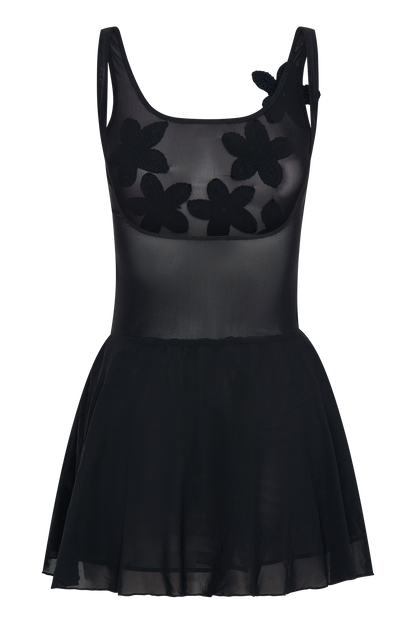 Melanie Mesh Mini Dress With Flowers - Black