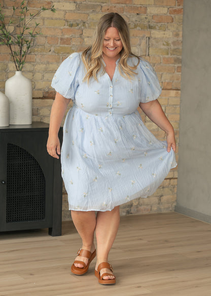 Blue Floral Embroidered V-Neck Midi Dress