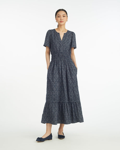 Hollie Midi Dress in Navy Textured Stripe