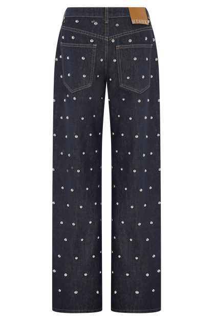 Alima Mid Rise Stud Denim Jeans - Washed Indigo Blue