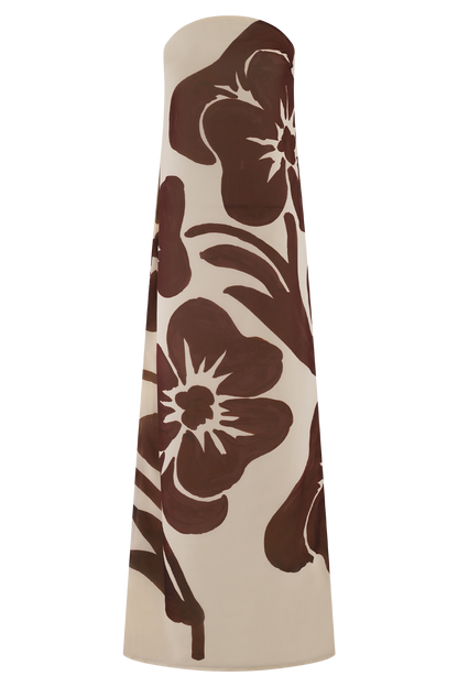Amaya Strapless Chiffon Maxi Dress - Brown Deco Fleur Print