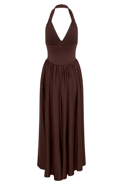 Angelina Scuba Halter Midi Dress - Chocolate