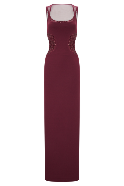 Angelique Beaded Crepe Maxi Dress - Wine