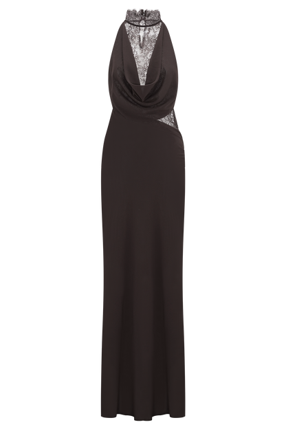 Arra Chiffon And Lace Halter Maxi Dress - Cacao Brown