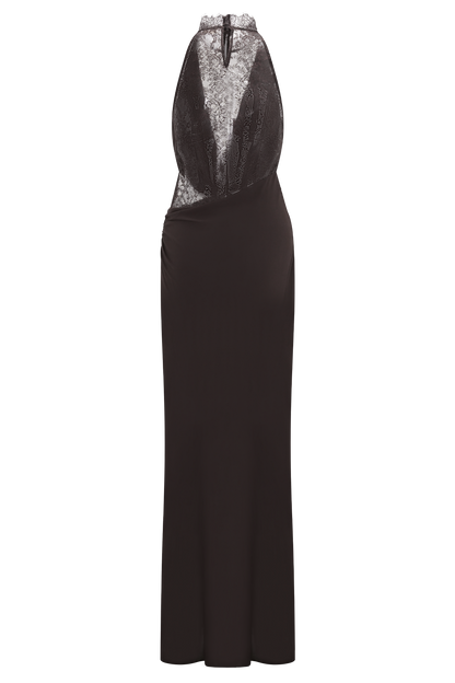 Arra Chiffon And Lace Halter Maxi Dress - Cacao Brown