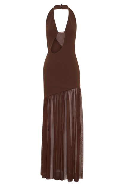Aubree Crepe And Mesh Maxi Dress - Chocolate/Mocha