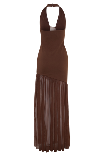 Aubree Crepe And Mesh Maxi Dress - Chocolate/Mocha