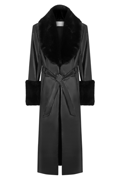 Bec Faux Leather Trench Coat With Faux Fur - Black
