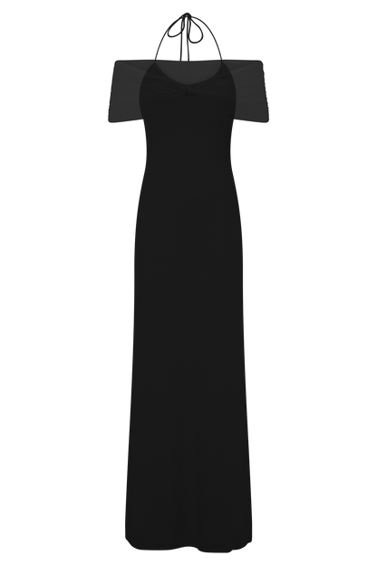 Bernadina Mesh And Slinky Halter Maxi Dress - Black