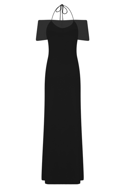 Bernadina Mesh And Slinky Halter Maxi Dress - Black