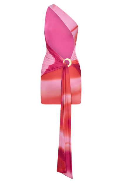 Claudette Slinky Mini Dress With Hardware - Pink Sunset Print