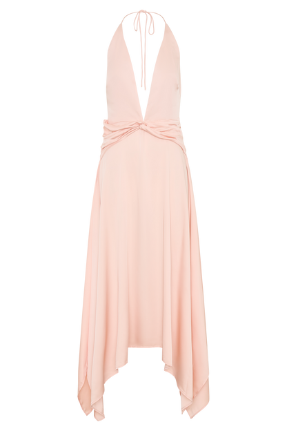 Cyra Plunge Satin Midi Dress - Peach