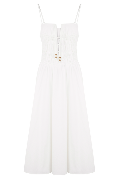 Elias Shirred Cotton Midi Dress - White