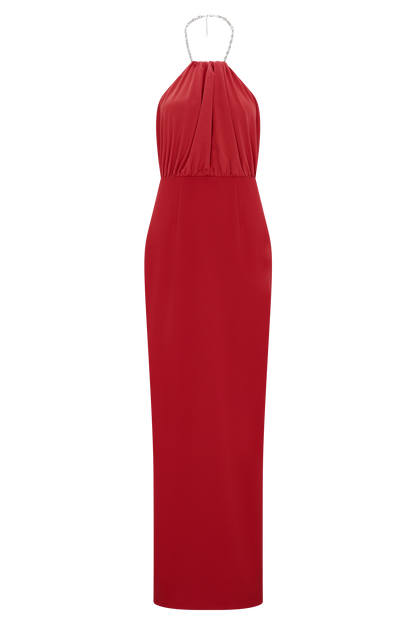 Elina Satin Necklace Maxi Dress - Red