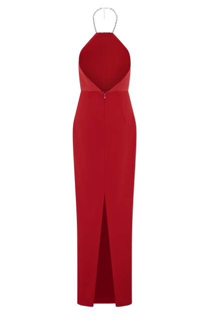 Elina Satin Necklace Maxi Dress - Red