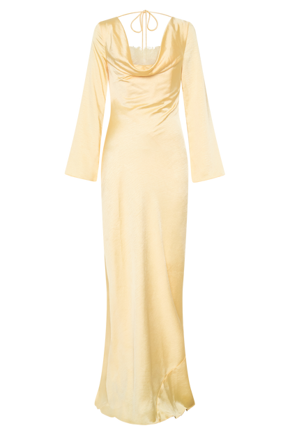 Eliza Long Sleeve Cowl Lace And Satin Maxi Dress - Lemon