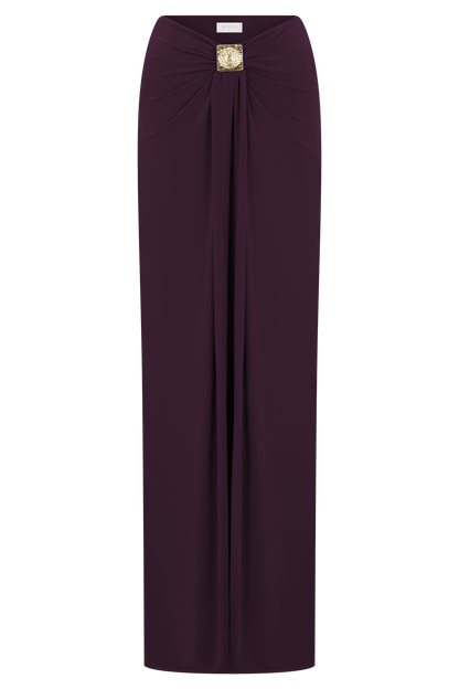 Erina Slinky Ruched Maxi Skirt With Hardware - Aubergine