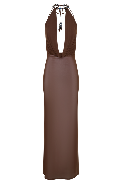 Ethal Mesh Cowl Neck Beaded Maxi Dress - Chocolate