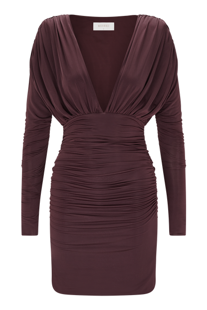 Hayden Long Sleeve Plunge Mini Dress - Burgundy