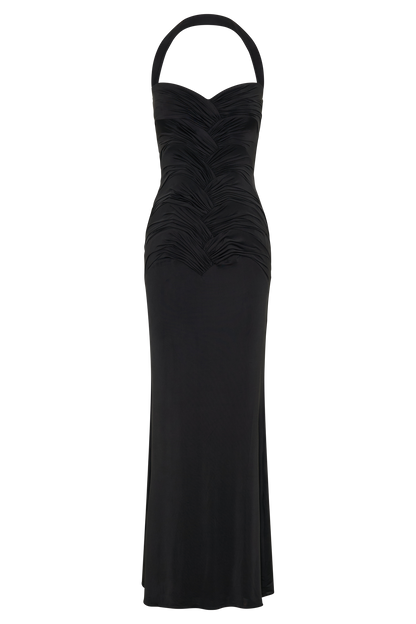 Hoai Gathered Slinky Halter Maxi Dress - Black