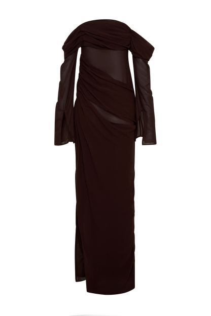 Kirsten Off Shoulder Chiffon Maxi Dress - Cacao Brown