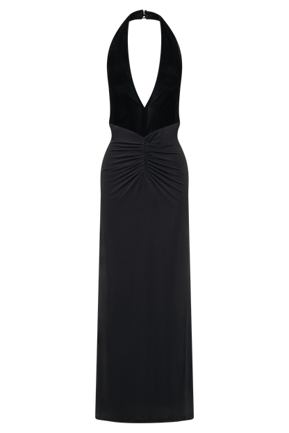 Lien Mesh Velvet Plunge Midi Dress - Black