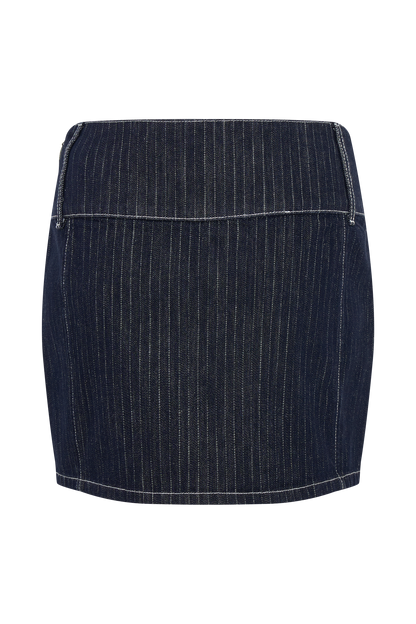 Loraine Mid Rise Denim Mini Skirt - Indigo Pinstripe