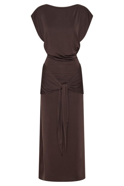 Maiara Shortsleeve Slinky Tie Maxi Dress - Chocolate